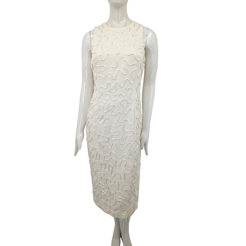 Vintage Gillian Dress Size 8 Ivory Soutache Embroidered Midi Column Sheath 90s
